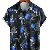 Zomer Heren Overhemd van Katoen Blauw met Bloemen Korte Mouwen met Knopen voor Vakantie op het Strand