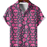 Heren Katoenen Zomeroverhemd met Roze Skull en Margrieten Patroon, Korte Mouwen en Knopen voor Vakantie