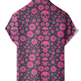 Heren Katoenen Zomeroverhemd met Roze Skull en Margrieten Patroon, Korte Mouwen en Knopen voor Vakantie