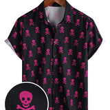 Lente Korte Mouwen Katoenen Shirt voor Mannen met Roze Skull Punk Rock en Vette Print