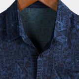 Heren Korte Mouwen Katoenen Boho Overhemd in Marineblauw met Geometrisch Tribalpatroon