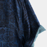 Heren Korte Mouwen Katoenen Boho Overhemd in Marineblauw met Geometrisch Tribalpatroon