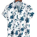 Heren Katoenen Blauw Bloemenoverhemd voor de Zomer met Knopen en Korte Mouwen
