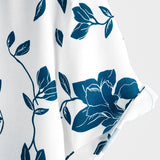 Heren Katoenen Blauw Bloemenoverhemd voor de Zomer met Knopen en Korte Mouwen