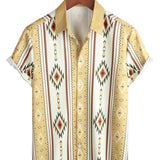 Heren Vintage Overhemd met Verticale Strepen en Korte Mouwen in Retro Stijl uit de Jaren '70 met Azteekse Print