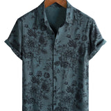 Korte Mouwen Vintage Katoenen Overhemd voor Mannen met Blauwe Bloemenprint