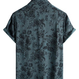 Korte Mouwen Vintage Katoenen Overhemd voor Mannen met Blauwe Bloemenprint