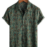 Vintage Korte Mouwen Katoenen Overhemd met Knopen in Retro Paisley Stijl Groen voor Mannen uit de Jaren '70