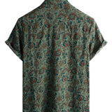 Vintage Korte Mouwen Katoenen Overhemd met Knopen in Retro Paisley Stijl Groen voor Mannen uit de Jaren '70