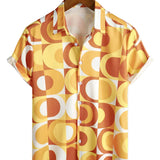 Retro Zomer Heren Overhemd van Katoen, Knopen, Oranje Vintage, Geometrisch, Disco, Strand, Koel, Korte Mouwen