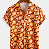 Oranje Heren Overhemd van Katoen in Retro Stijl uit de Jaren '70, Met Knop, Vintage, Geometrisch, Rond, Zomer, Met Korte Mouwen
