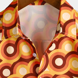 Oranje Heren Overhemd van Katoen in Retro Stijl uit de Jaren '70, Met Knop, Vintage, Geometrisch, Rond, Zomer, Met Korte Mouwen