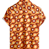Oranje Heren Overhemd van Katoen in Retro Stijl uit de Jaren '70, Met Knop, Vintage, Geometrisch, Rond, Zomer, Met Korte Mouwen