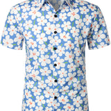 Zomerse Heren Katoenen Bloemenoverhemd, Casual, Slank, Korte Mouwen, Lichtblauwe Kleur