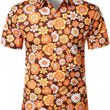 Zomer Overhemd van Katoen met Korte Mouwen met Vintage Bloemenknopen voor Mannen, Disco Thema uit de Jaren '70.