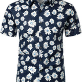 Korte Mouwen Katoenen Hawaii Shirt voor Mannen in Marineblauwe Kleur met Margrieten