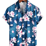 Casual Overhemd met Korte Mouwen met Bloemenpatroon voor Mannen, Knopen, Kentkraag, Marineblauw, Zomer