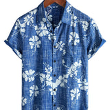 Hawaiiaanse Katoenen Overhemd voor Mannen met Korte Mouwen en Knopen in Blauw Bloemenpatroon