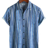 Retro Stijl Korte Mouwen Shirt met Blauwe Strepen voor Mannen