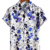 Heren Katoenen Retro Overhemd Blauw met Bloemen voor de Zomer met Korte Mouwen