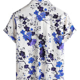 Heren Katoenen Retro Overhemd Blauw met Bloemen voor de Zomer met Korte Mouwen