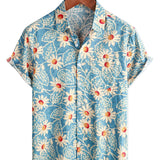 Hawaiiaanse Katoenen Bloemenoverhemd voor Mannen, voor Vakantie, Met Knopen, Blauw, Korte Mouwen