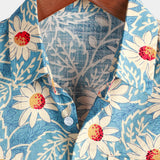 Hawaiiaanse Katoenen Bloemenoverhemd voor Mannen, voor Vakantie, Met Knopen, Blauw, Korte Mouwen