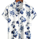 Heren Hawaii Overhemd van Katoen in Blauw Bloemenpatroon, Korte Mouwen, met Knopen en Witte Kraag