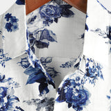 Heren Hawaii Overhemd van Katoen in Blauw Bloemenpatroon, Korte Mouwen, met Knopen en Witte Kraag