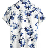 Heren Hawaii Overhemd van Katoen in Blauw Bloemenpatroon, Korte Mouwen, met Knopen en Witte Kraag