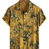 Heren Vintage Casual Katoenen Overhemd met Bloemen en Korte Mouwen