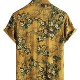 Heren Vintage Casual Katoenen Overhemd met Bloemen en Korte Mouwen