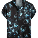 Korte Mouwen Katoenen Overhemd met Skull Bloemen Knopen Blauw Casual voor Mannen