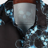 Korte Mouwen Katoenen Overhemd met Skull Bloemen Knopen Blauw Casual voor Mannen