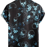 Korte Mouwen Katoenen Overhemd met Skull Bloemen Knopen Blauw Casual voor Mannen