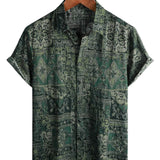 Heren Overhemd van Katoen in Retro Bloemenpatroon Paisley, Groen, Korte Mouwen