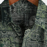 Heren Overhemd van Katoen in Retro Bloemenpatroon Paisley, Groen, Korte Mouwen