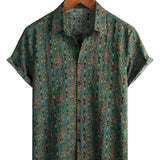 Heren Vintage Overhemd van Katoen met Paisley Patroon uit de Jaren '70, Groen, Boho, Retro, Tribaal, met Korte Mouwen