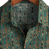 Heren Vintage Overhemd van Katoen met Paisley Patroon uit de Jaren '70, Groen, Boho, Retro, Tribaal, met Korte Mouwen