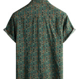 Heren Vintage Overhemd van Katoen met Paisley Patroon uit de Jaren '70, Groen, Boho, Retro, Tribaal, met Korte Mouwen