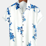 Casual Korte Mouwen Katoenen Overhemd met Knopen voor Mannen in Blauw met Bloemenpatroon