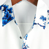 Casual Korte Mouwen Katoenen Overhemd met Knopen voor Mannen in Blauw met Bloemenpatroon