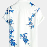 Casual Korte Mouwen Katoenen Overhemd met Knopen voor Mannen in Blauw met Bloemenpatroon