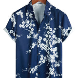 Casual Overhemd met Korte Mouwen met Bloemenpatroon voor Mannen in Vintage Marineblauw