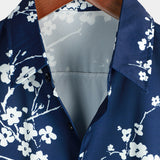 Casual Overhemd met Korte Mouwen met Bloemenpatroon voor Mannen in Vintage Marineblauw