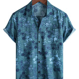 Retro Overhemd van Katoen Casual met Korte Mouwen en Bloemenzak in de Kleur Blauw voor Mannen
