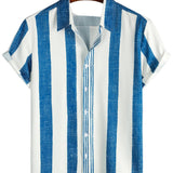 Heren Casual Overhemd met Korte Mouwen in Blauwe Verticale Strepen van Vintage Katoen