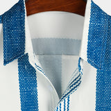 Heren Casual Overhemd met Korte Mouwen in Blauwe Verticale Strepen van Vintage Katoen