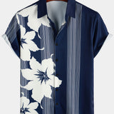 Aloha Vintage Korte Mouwen Shirt Marineblauw met Bloemen- en Verticale Strepenpatroon voor Mannen