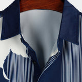 Aloha Vintage Korte Mouwen Shirt Marineblauw met Bloemen- en Verticale Strepenpatroon voor Mannen